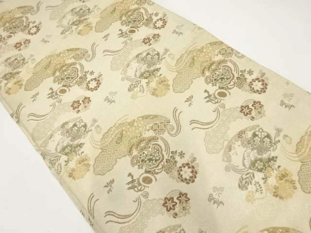 JAPANESE KIMONO / ANTIQUE MARU OBI / WOVEN FLOWER & TREASURES